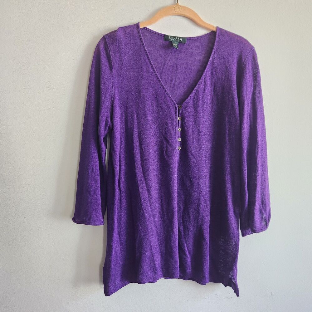 Lauren Ralph Lauren linen purple v‎ neck S old money quiet luxury button detail